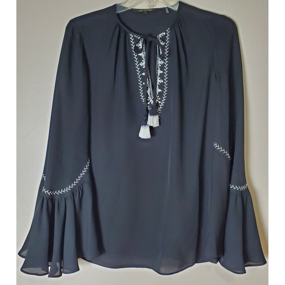 Kobi Halperin Silk Sheer Black Embroidered Ombre Tassel Tie Front Bell Sleeve